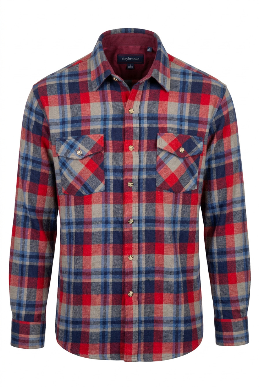 Claybrooke Flannel Shirt Mens Plaid Red Blue Tan Long Sleeve Button Up